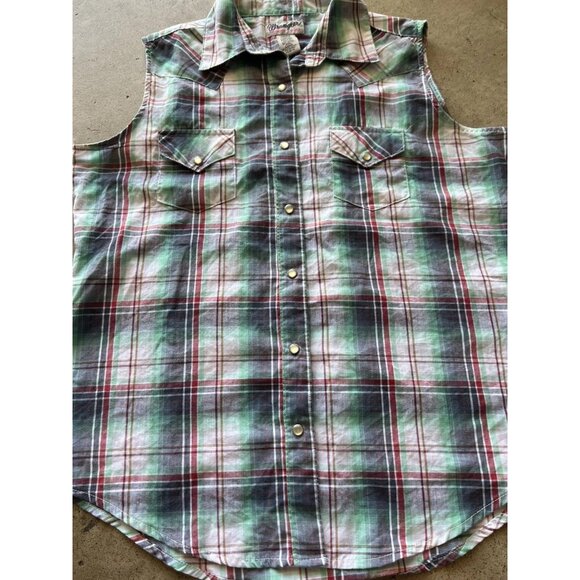 Vintage Wrangler Wrancher Sleeveless Western Shirt Women’s Sz M Pearl Snap - Picture 9 of 13